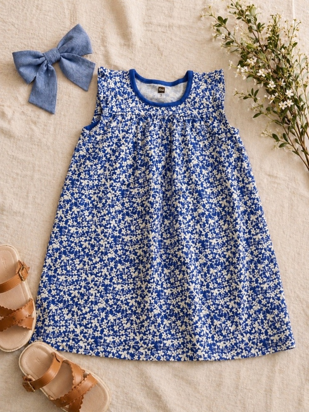 Tea Collection Girls Blue Floral Dress Size 5 Cotton Summer Play Dress